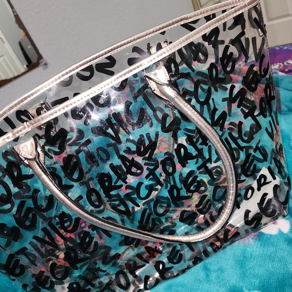 Victoria's Secret Clear Tote with Metallic Pink Handles and Black Script